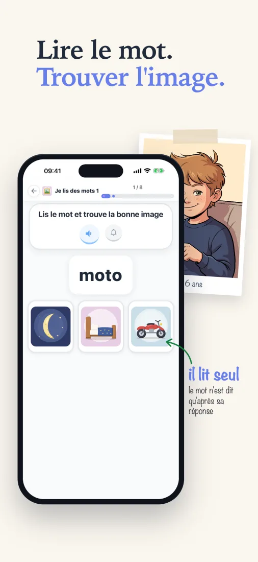 Lire le mot, trouver l'image : l'enfant lit « moto » et touche la bonne image.